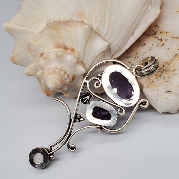 Purple Raw Amethyst Natural Pearl Silver 925 Pendant - Picture 4 of 5
